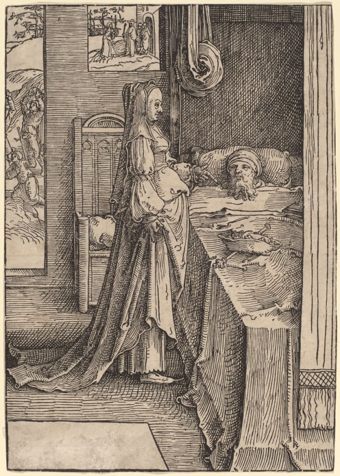 "Jezebel Promising Naboth's Vineyard to King Ahab," who is in bed sulking. A very sixteenth century, Dutch version of this scene.
