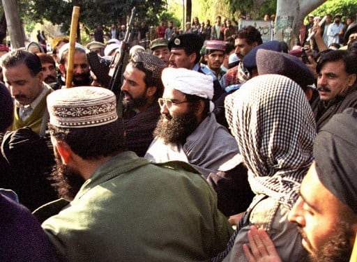 Maulana Masood Azhar(C) spotted at a mosque in Islamabad, Pakistan along with his guards (January 27, 2000)