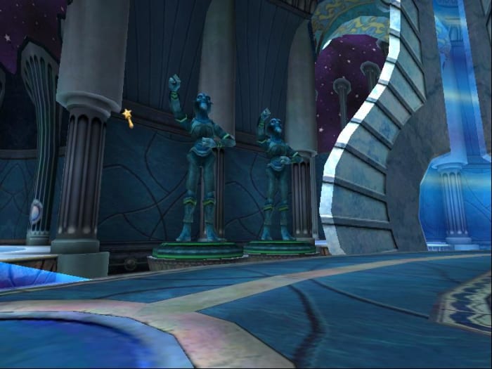 The Trial of the Spheres includes many puzzles, like this puzzle where you have to get shields for these statues by fighting enemies.