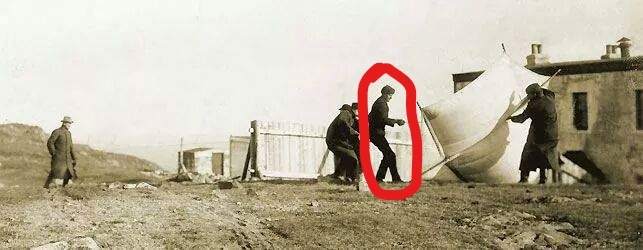Marconi and crew launching kite with antenna, Signal Hill. The man circled in red is Mr. William Holwell, one of a small group of local men hired by Marconi as helpers, at the rate of $1 a day.