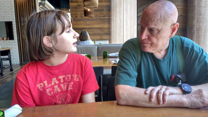 My daughter took a trip to Missouri last summer to spend some quality time with her grandparents. Here she is chatting with her Grandpa on the day of her arrival.