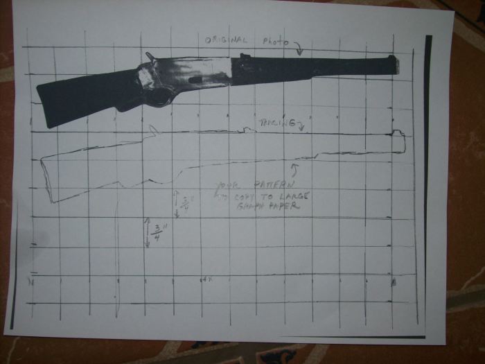 The top image is a cutout about 10" long of a Winchester. The bottom sketch of the top photo is what you will use to transfer to a larger grid.