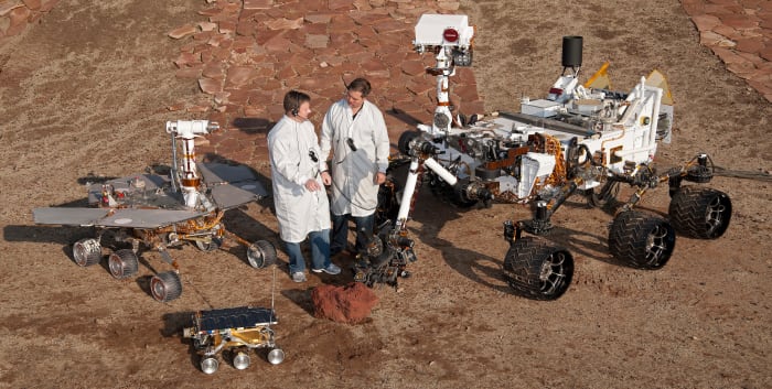 Three generations of Mars rovers at NASA's Mars Yard testing area