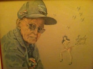 WWII B24 pilot of the 380th Bomb Group in the South Pacific. Nose Art "Lady Luck". Missing man formation