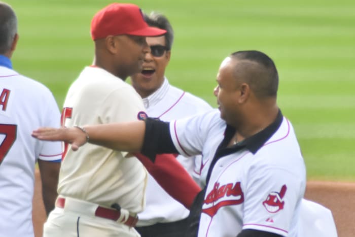 Sandy Alomar Jr. (left) and Carlos Baerga came to Cleveland in the same trade and then helped propel the team to a late 1990s dynasty. They're seen above at a 20th anniversary celebration of the 1995 World Series team.
