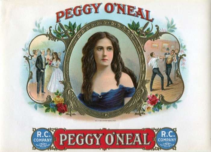 Old Cigar box lid depicting Margaret O'neal who became the wife of the Secretary of the Navy under Andrew Jackson. On the left we can see the President Jackson offering flowers to Margaret O'neal after the scandal with the Washington wives. On the ri