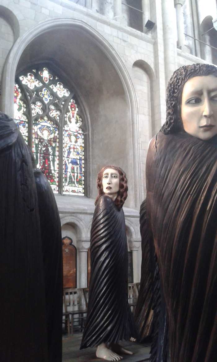 An art installation in Norwich Cathedral. They look like wandering mourners or lost souls.