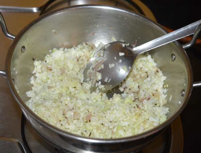 Add chopped cabbage and some salt. Continue to saute for 5-6 minutes or until the cabbage becomes soft and three-fourths cooked.