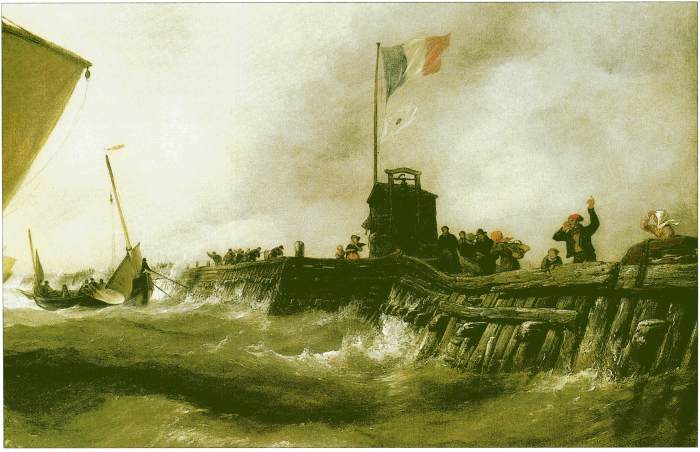 Calais Pier, Sloop returning to Port detail, oil painting by Edward William Cooke (1811-1880)