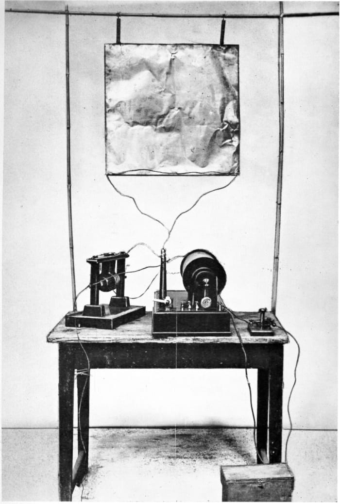 This is the recreation of the first radio transmitter with a monopole antenna, built by Guglielmo Marconi in August 1895 during his development of radio communication.