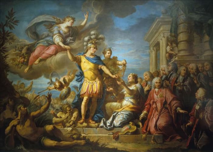 A painting honoring the Treaty of Aix-la-Chapelle, which strengthened the then-French ally of Prussia but failed to provide any tangible gains for France. "Stupid as the Peace" and "To Die for the King of Prussia" became slogans in France afterwards.
