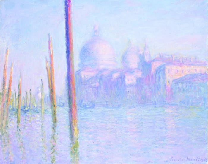 Lots of soft and lost edges in this painting. Our eyes go towards the strongest contrast and the sharpest edges first. Sharp edges are used to create focal points in a painting. Claude Monet: Grand Canal Legion of Honor.