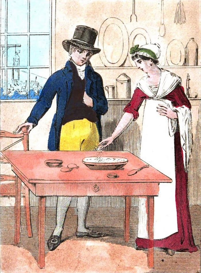 Mary Bateman seasoning a pudding with poison. Note the body hanging from the gallows outside the window.