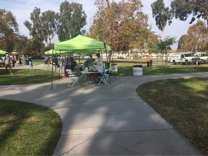 A free COVID-19 testing area set up at a public children's park when there are a plethora of empty office parking lots that would be better suited to the task.