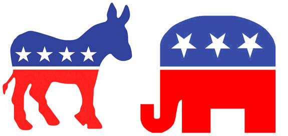 Contemporary images depict the Democratic Party symbol as a donkey and the Republican Party symbol as an elephant.