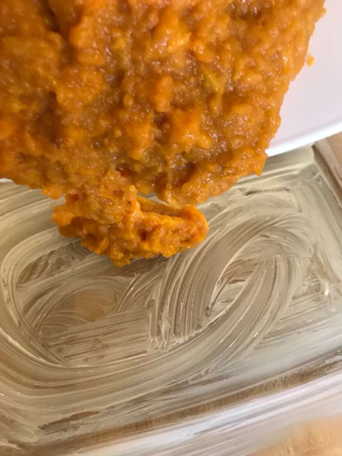 Transfer the sweet potato mixture to a buttered 9x13 casserole dish, and set it aside while you make the topping.