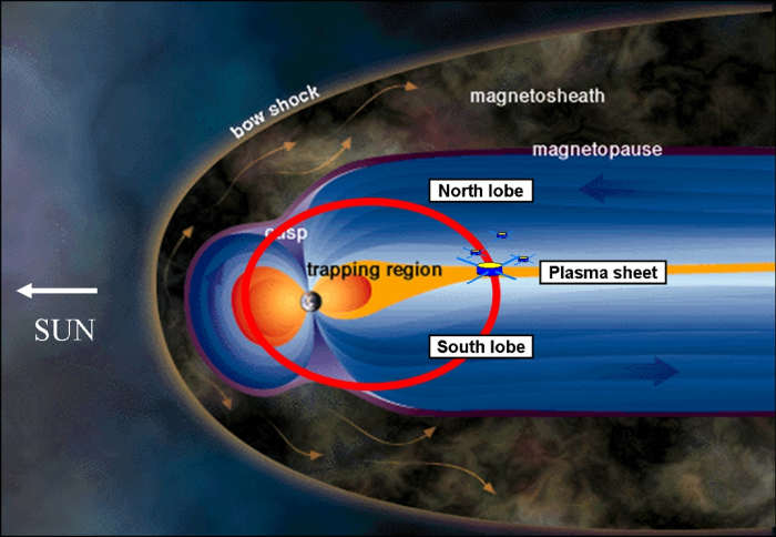 This representation of the Magnetosphere from the Ray Alex Website shows how it is shaped by the solar wind.