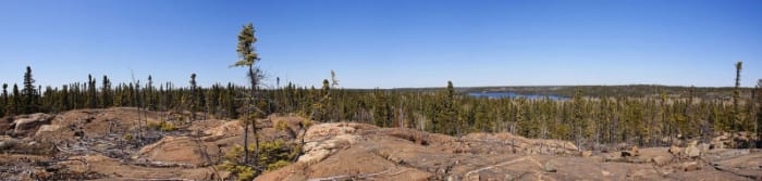 Panorama of Canadian Shield geography in the Flin Flon, Manitoba, region. Big Island Lake is in the background.