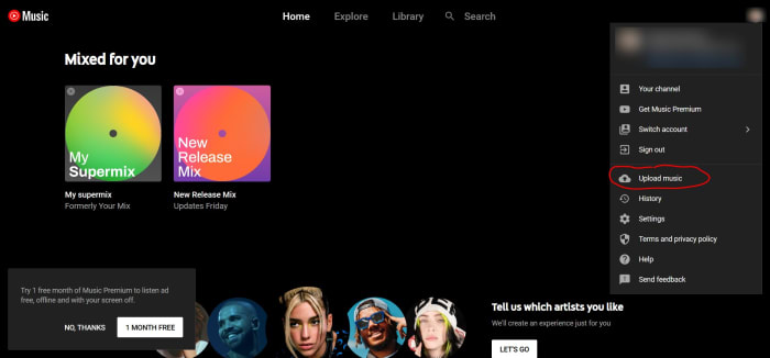 Click on your profile avatar at the top right of screen and then click "Upload files".