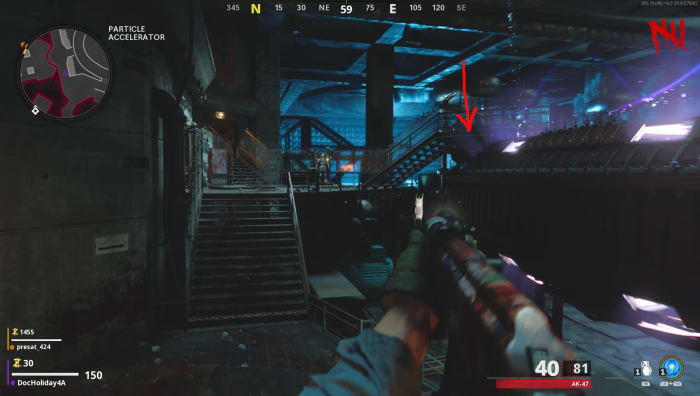 The red arrow is pointing towards the walkway where the orb is hidden below the grate.