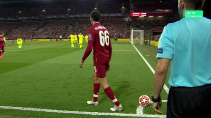 Trent Alexander-Arnold's quick corner during the UEFA Champions League Match against Barcelona.
