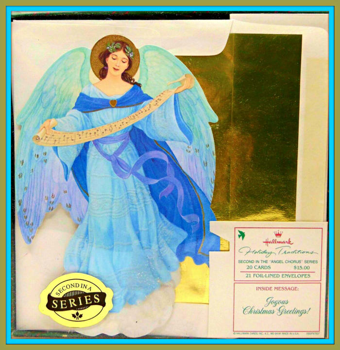 Hallmark Holiday Traditions Christmas Cards, 2nd in the Angel Chorus series. Made in the USA! Flocked, stand up cards with gold fleck and gold foil lined envelopes …