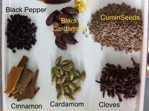 The Garam masala powder usually includes—Black and Green Cardamoms, Cumin seeds, Black pepper, Cinnamon, Cloves etc.