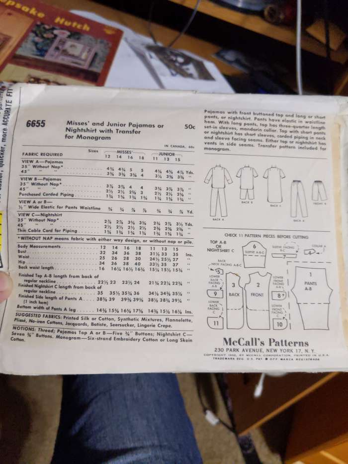 The range of sizes for the patterns, suggested styles, pattern pieces, fabric needed. All information on back of package.