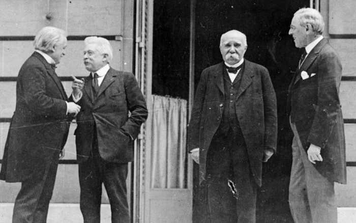 The four crucial figures from the Paris Peace Conference, Wilson, Vittorio Orlando, Lloyd George, and Clemenceau.