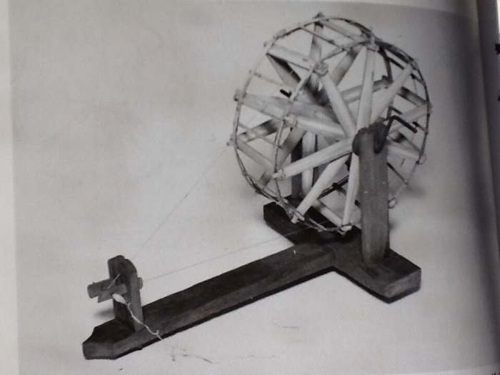 A primitive wheel from Burma. Only one step removed from a hand spindle. The Indian charkha probably resembled this in design and function.