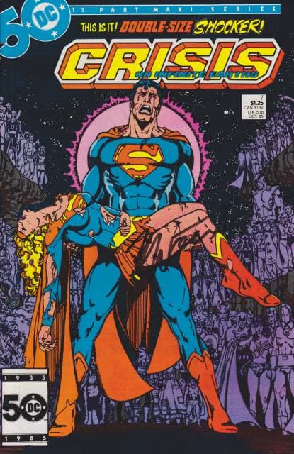 Superman cradling Supergirl's body as he wails in sorrow on the cover of Crisis on Infinite Earths #7.