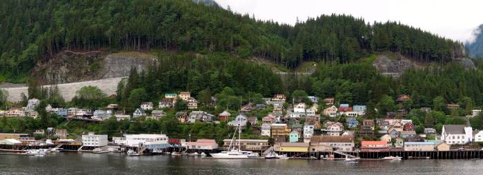 Ketchikan's Newtown neighborhood, between Downtown and the West End, its two largest neighborhoods. First Lutheran Church, at the right edge of this photo, is listed on the National Register of Historic Places.