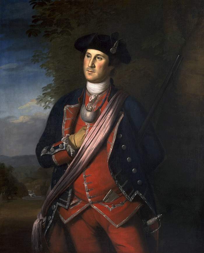 George Washington in his uniform as a British Colonial Colonel during the French and Indian War, by Charles Willson Peale, 1772.
