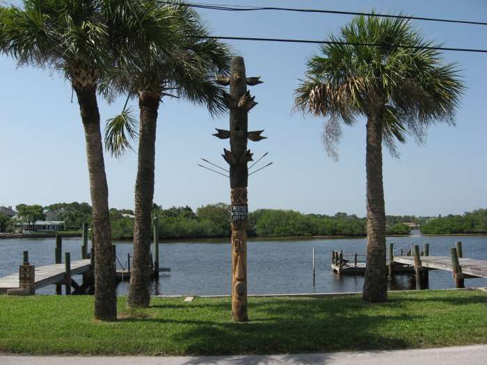 A totem to the saltwater fishing gods near our dock. Notice the huge heads from fish caught from the Cotee River.
