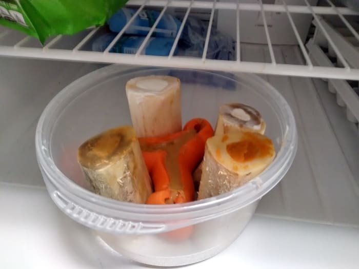 Hollow bones and a Kong toy stuffed with goodness, in my freezer for my furbaby. Keeping these on hand can be a real lifesaver at times.