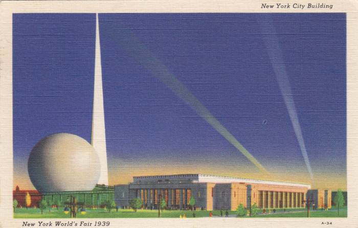 Trylon and Perishere postcard from NY World's Fair, 1939, which introduced space flight and TV