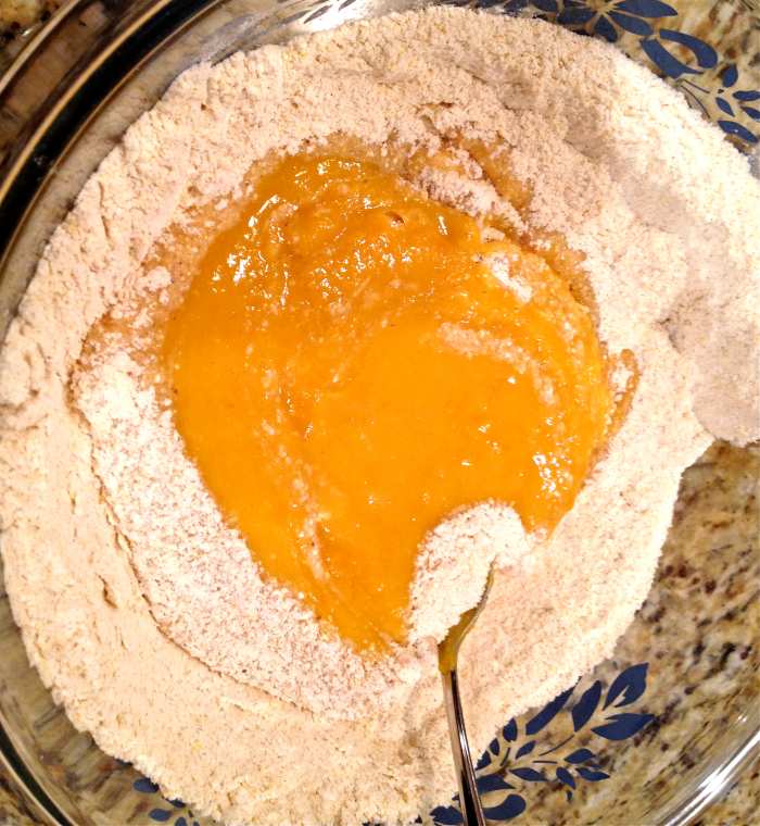 Pour wet ingredients into dry ingredients and stir just until combined. Be careful not to over stir.