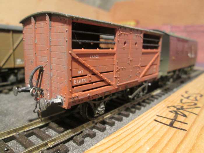 Oxford Rail ex-LNER cattle wagon. Rail-borne cattle traffic was on the wane in the 1950's, many being modified and seconded to fruit or departmental traffic - modified with metal vacuum pipes to replace plastic ones