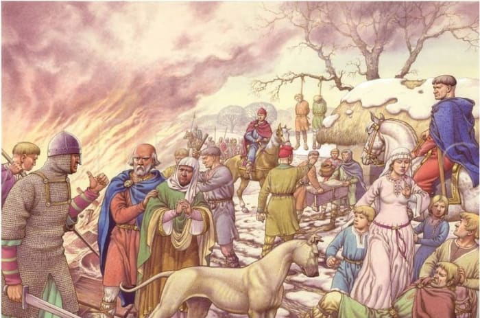 After the aetheling Eadgar and the northern nobles withdrew north to Scotland in the late summer of 1069 William saw fit to punish those left behind, guilty or not. Crops and homes were burnt, livestock run off or killed, people killed for going back