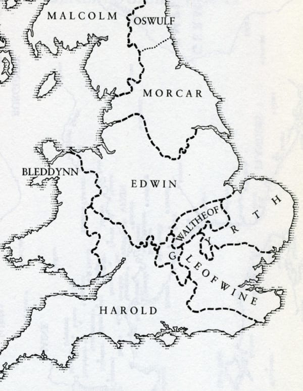 Earldoms, 1065 after Tostig's ousting in October. Northumbria is mostly Morkere's. Oswulf holds land north of the Tyne. After trying to take on 'Hardradi' on his own a large tract of land was handed by Harold to Maerleswein, shire reeve of Lincoln
