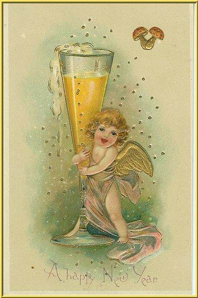 A sweet little angel holding hugging what seems to be a glass of champagne! A sweet old vintage post card. Likely published between 1900 and 1920.