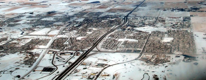 Aerial view of the city of Airdrie, Alberta, Canada