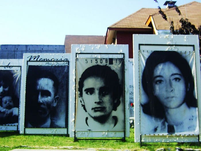 These are photos of disappeared people in art at Parque por la Paz at Villa Grimaldi in Santiago de Chile by Razi Sol.