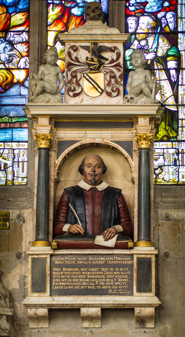 William Shakespeare's Funerary Monument in Holy Trinity Church, Stratford-Upon-Avon. This demi-figure is one of only two representations definitely accepted as accurately portraying William Shakespeare's physical appearance.