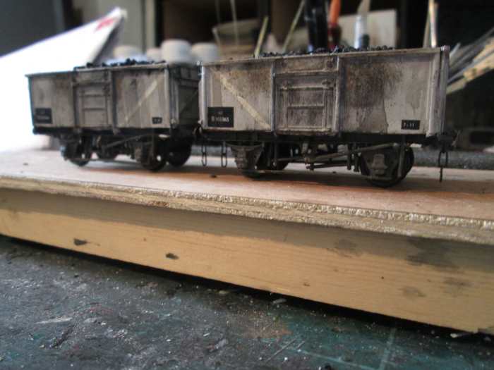 A pair of BR 16 tonners, suitably grimed-up for the layout. Coal traffic came in various types of wagons for various purposes. These came in useful for where coal yards were on the level, as opposed to usual North Eastern staiths for hopper discharge