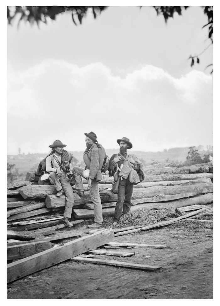 A photograph of three Confederate prisoners of war taken after the battle for Gettysburg July 1863.