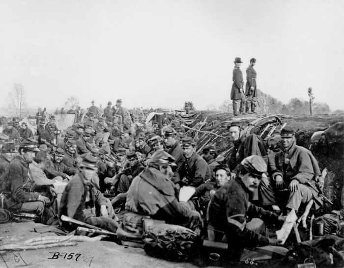 Fredericksburg, Virginia; May 1863. Soldiers in the trenches. Trench warfare would appear again in the First World War.