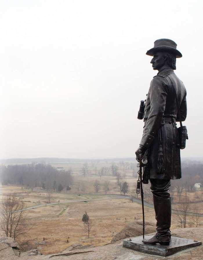 Monument of General Warren overlooking the battlefield from Little Round Top though this photograph was taken in the winter.