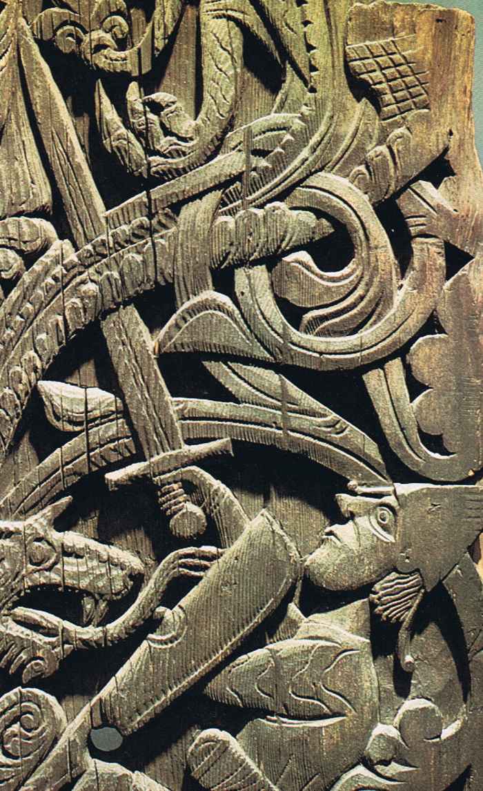 In this wood carving - 'Ragnaroek' - a warrior takes on Jormungand (the World Serpent) in a legendary knot