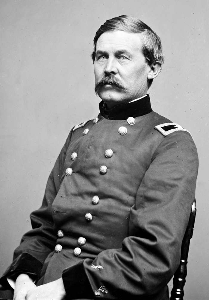 Union cavalry general John Buford who with his 2,500 dismounted cavalry disrupted Lee's plan to take the high ground around Gettysburg. All of Buford's soldiers were armed with repeating rifles (Spencer Carbine).